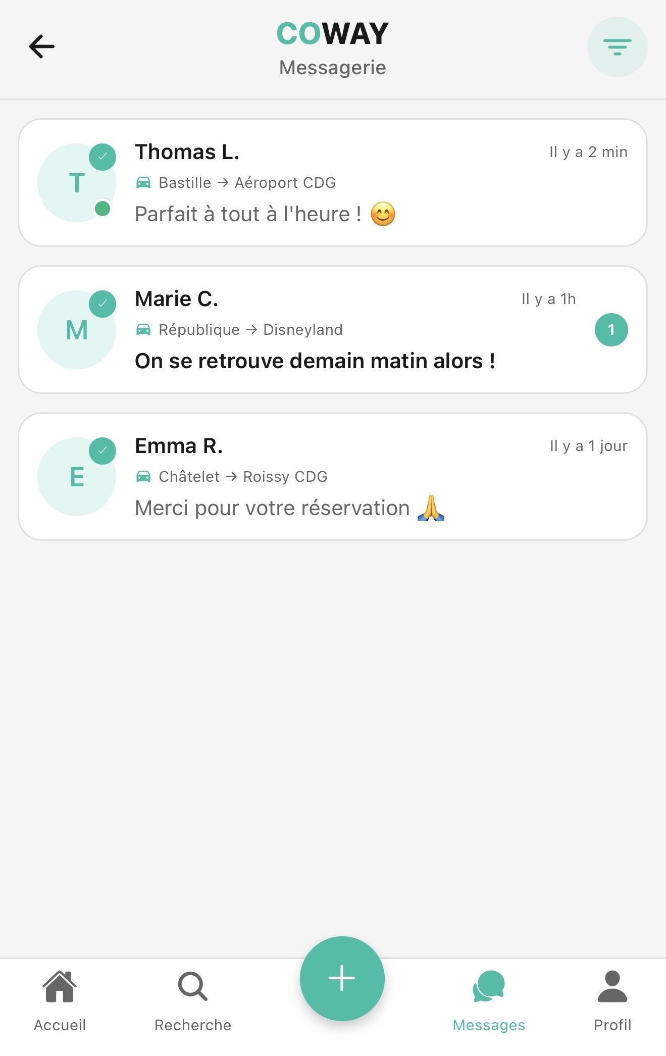 Messagerie Coway — conversations avec les autres passagers